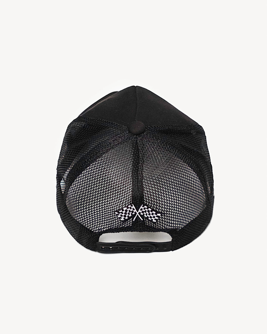 Rear view of a classic black snapback hat showcasing practical and cooling mesh design with cute racing-inspired patches.