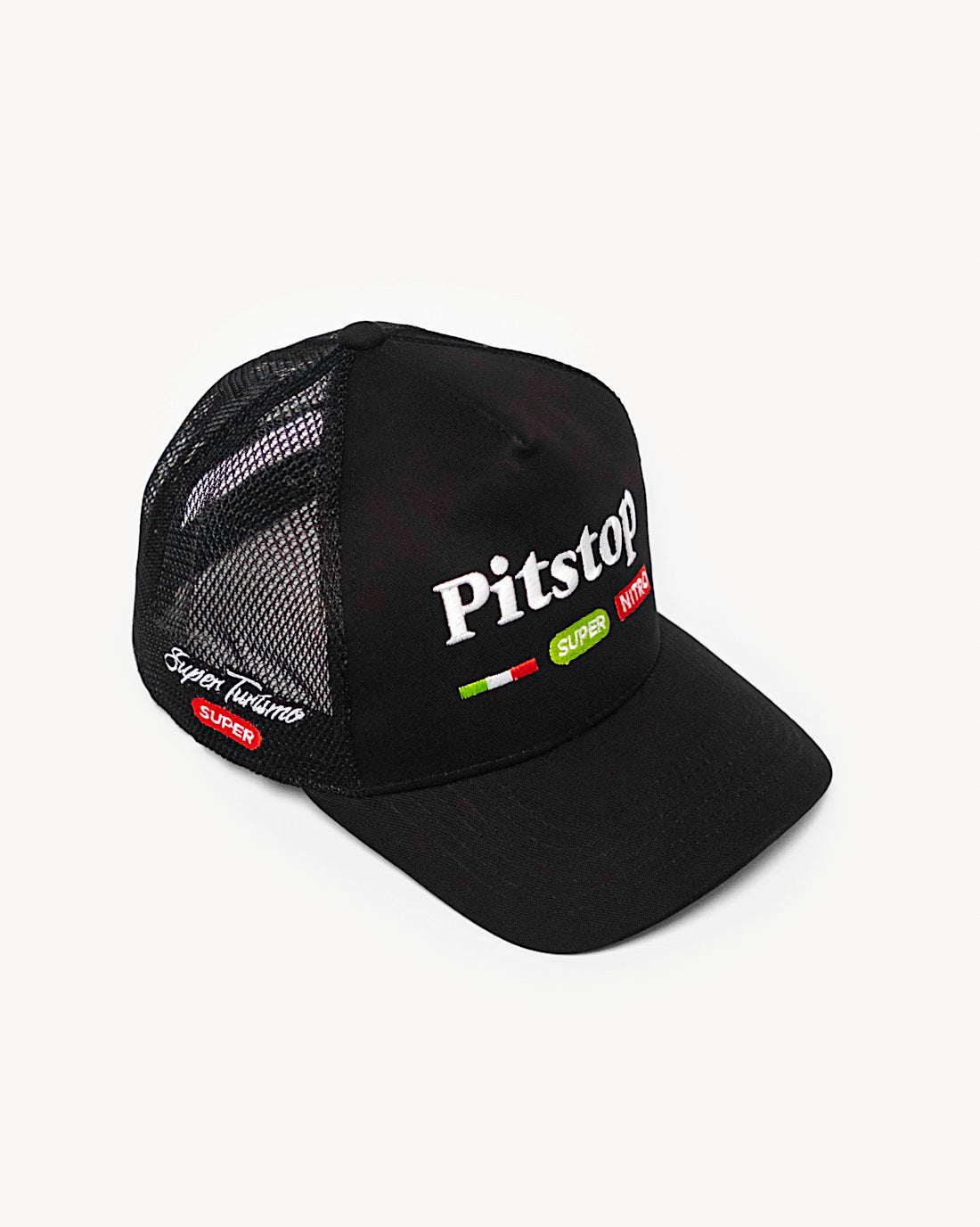 Side view of a cute black snapback hat showcasing side patchwork, with trendy racing-inspired patches on the front and a cooling mesh rear design. - Alternate view