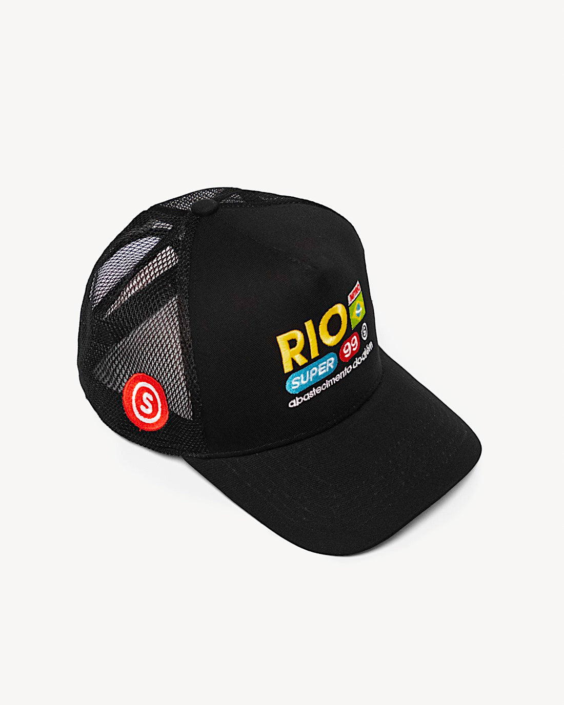 Side view of a sexy black snapback hat showcasing side patch design, with designer Brazilian-inspired patches on the front and a cooling mesh rear design. - Alternate view