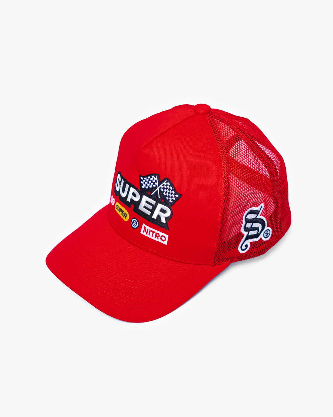 Front view of a summery red snapback hat featuring designer racing-inspired patches on the front and a cooling mesh rear design.