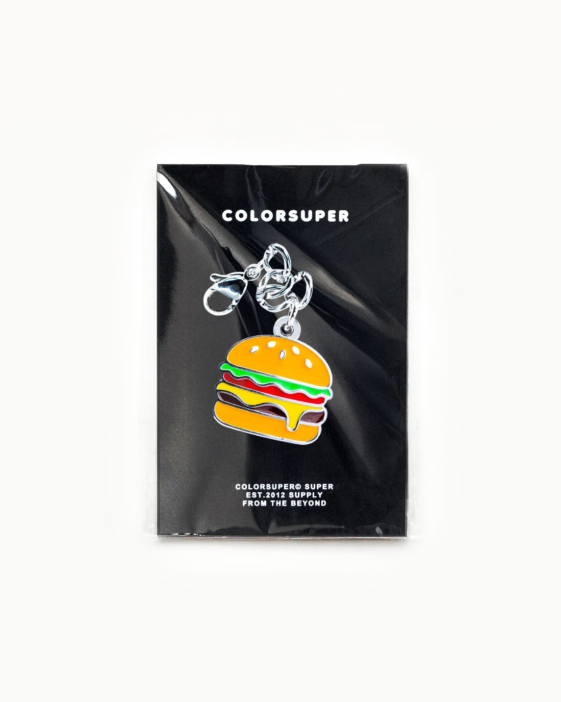 Bikini Charm - Burger Charm featuring a colorful cheeseburger enamel accessory on a stylish black background. - Alternate view