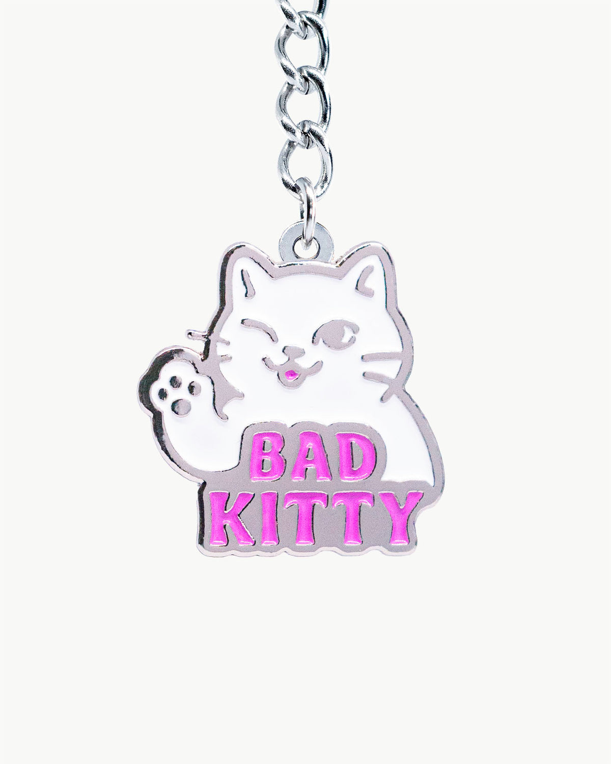 Bikini Charm - Bad Kitty (White) Charm featuring a playful white cat design with pink lettering.