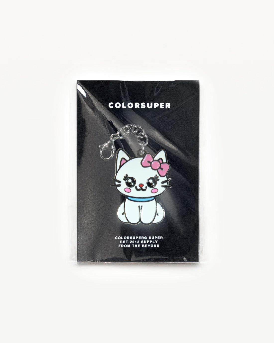 White cute cat charm with pink bow, pastel vibes, perfect for cozy accessories and charm collections. - Alternate view