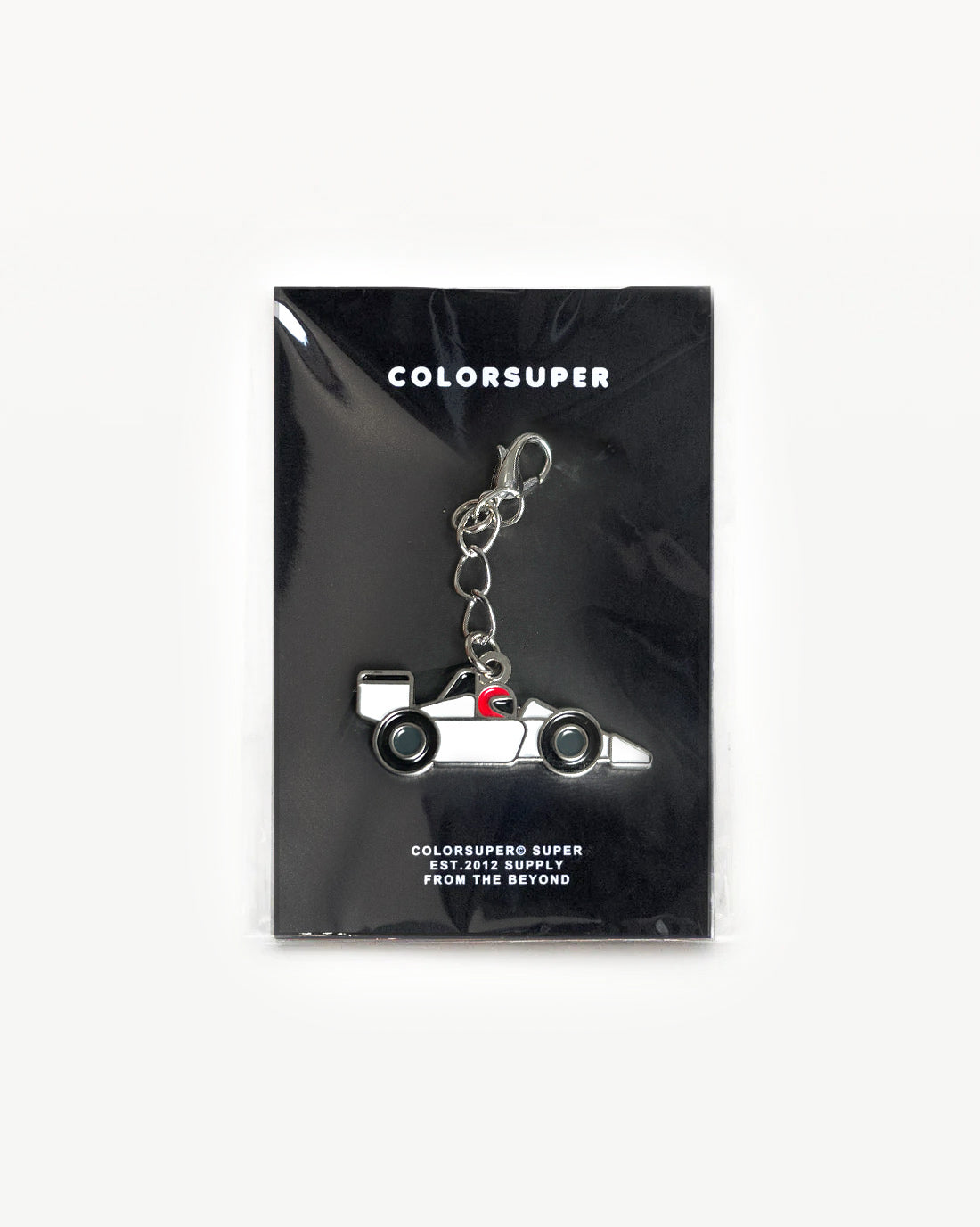 Chrome racer car bikini charm with lobster clasp. - Alternate view