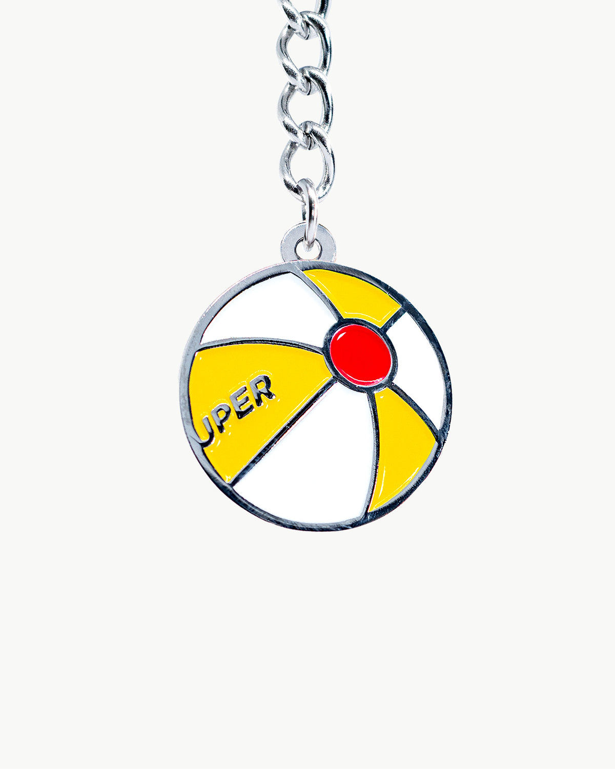 Playful yellow beachball charm with logo, perfect for summer accessories and beach lovers.