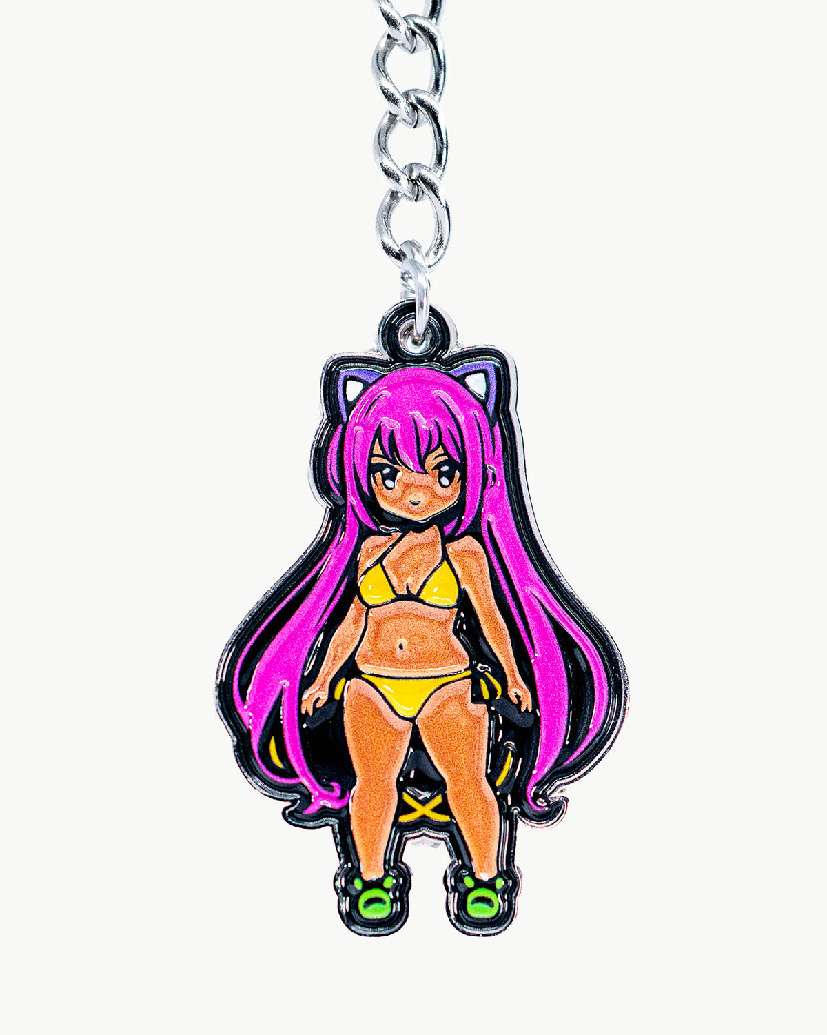 Kawaii pink-haired anime girl charm in a bikini, crafted with vibrant colors and playful details.