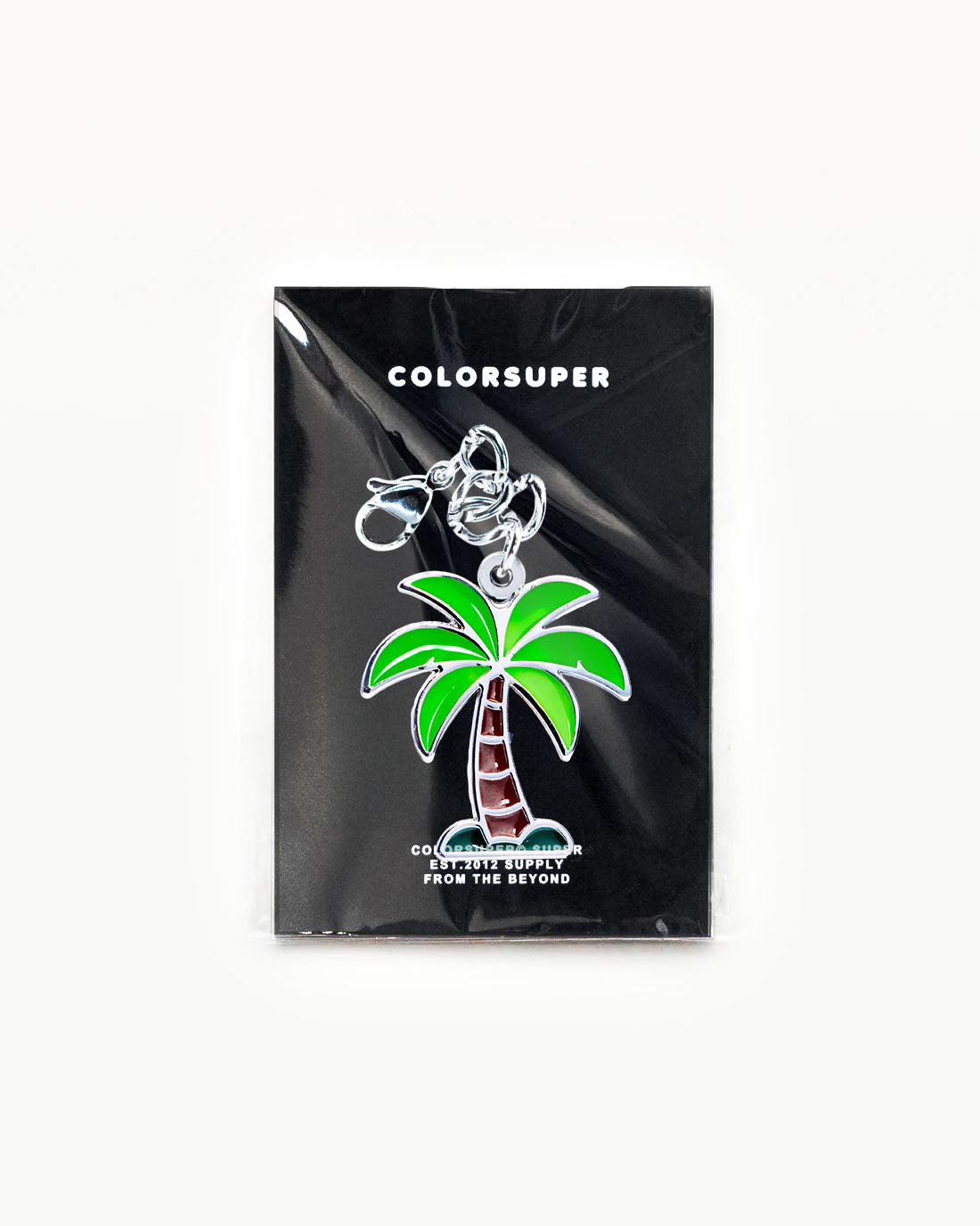 Bikini Charm - Palm Tree Charm on a black backing, vibrant green palm tree enamel accessory for beachwear. - Alternate view