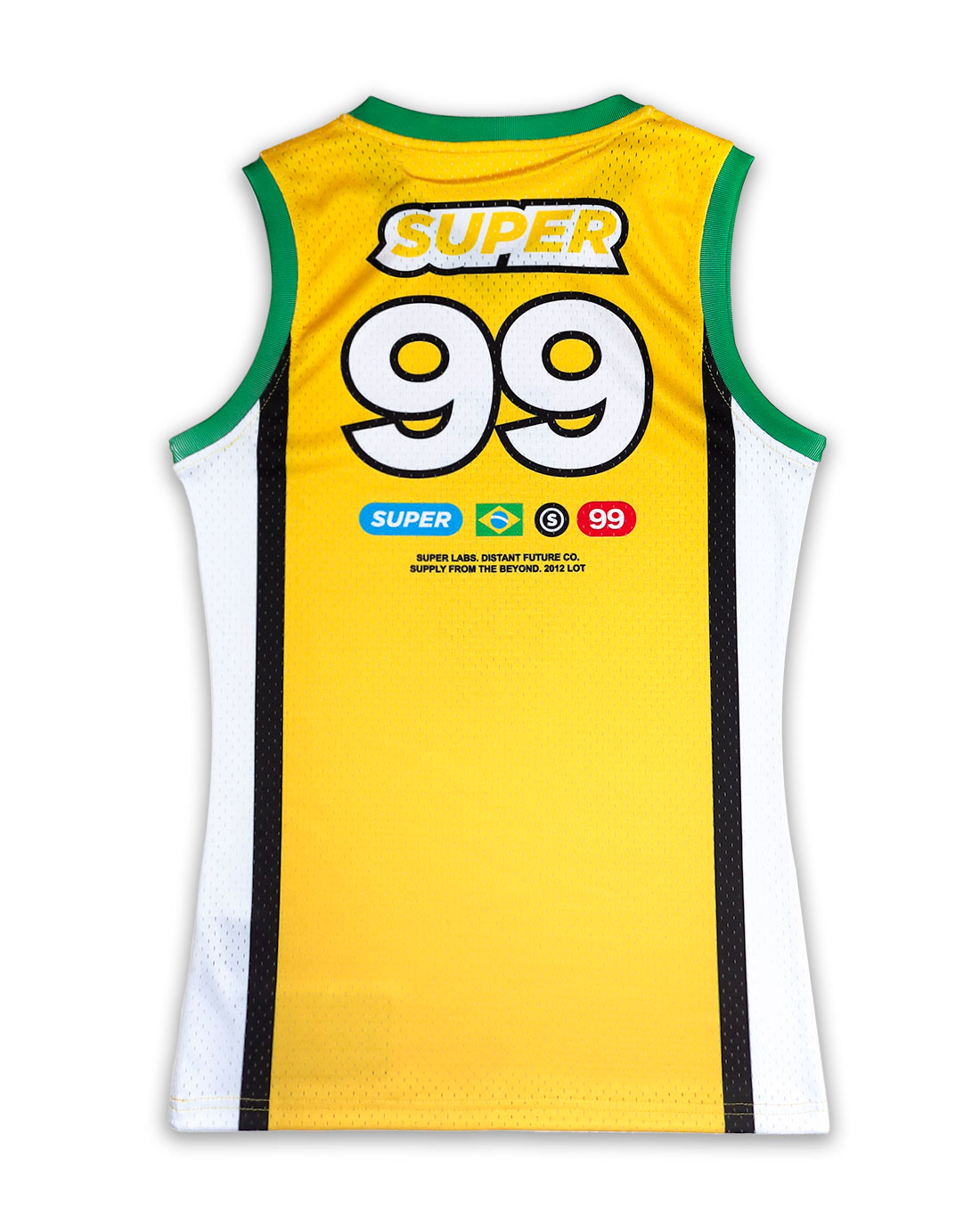 Rear view of a women's basketball jersey in yellow with green trim, featuring lightweight mesh fabric and Brazilian flag-inspired graphics. - Alternate view