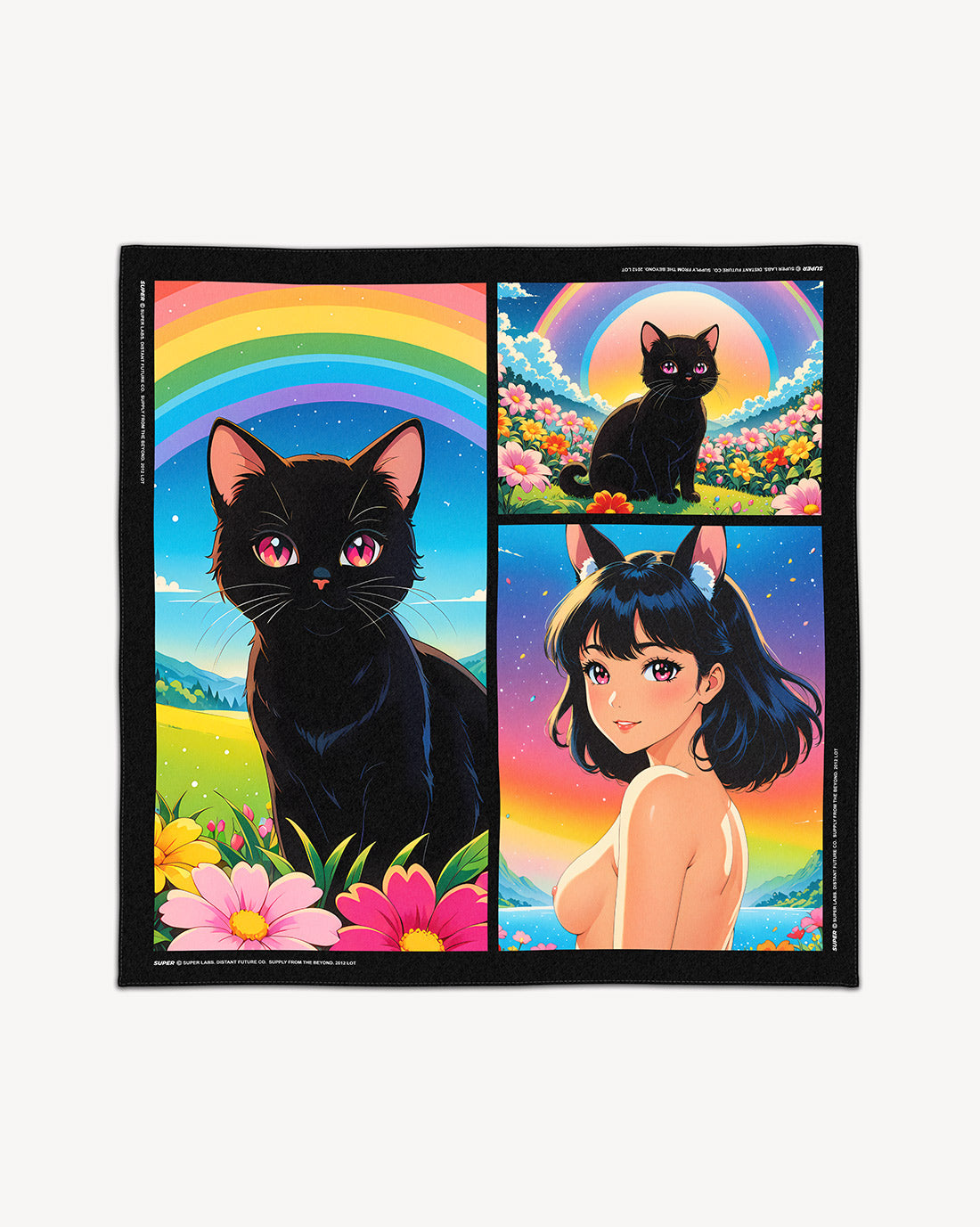 Good Pussy scarf featuring bold anime-inspired designs of a black cat and a girl with vibrant colors and floral elements.