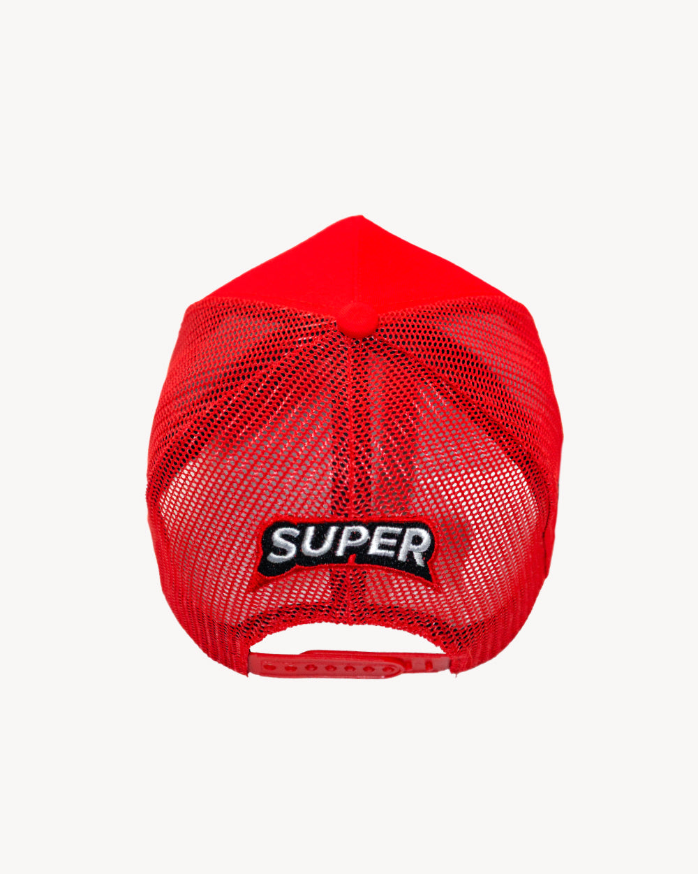 Back view of the red Cell Snapback hat featuring a mesh design and 'SUPER' embroidered label.
