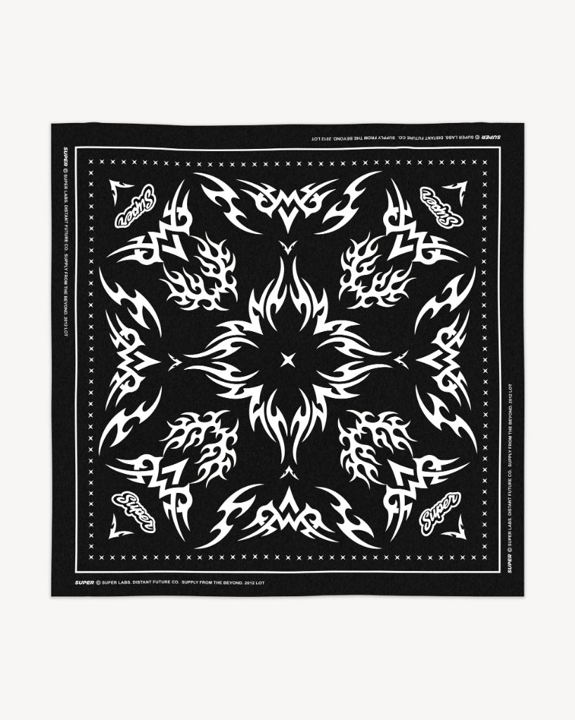 Black bandana featuring a symmetrical white tribal flame design with Super text in opposing corners, shown flat.