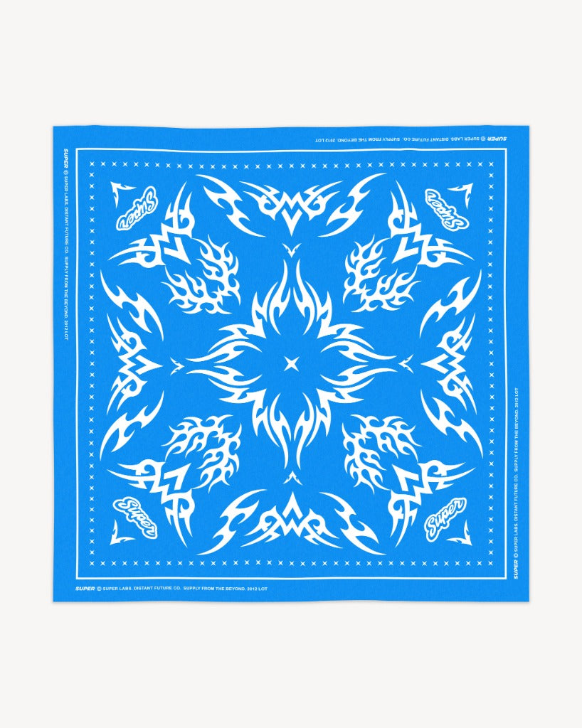 Flat lay bright blue square bandana with white tribal flame patterns, Super text in corners, and dotted border with branding.