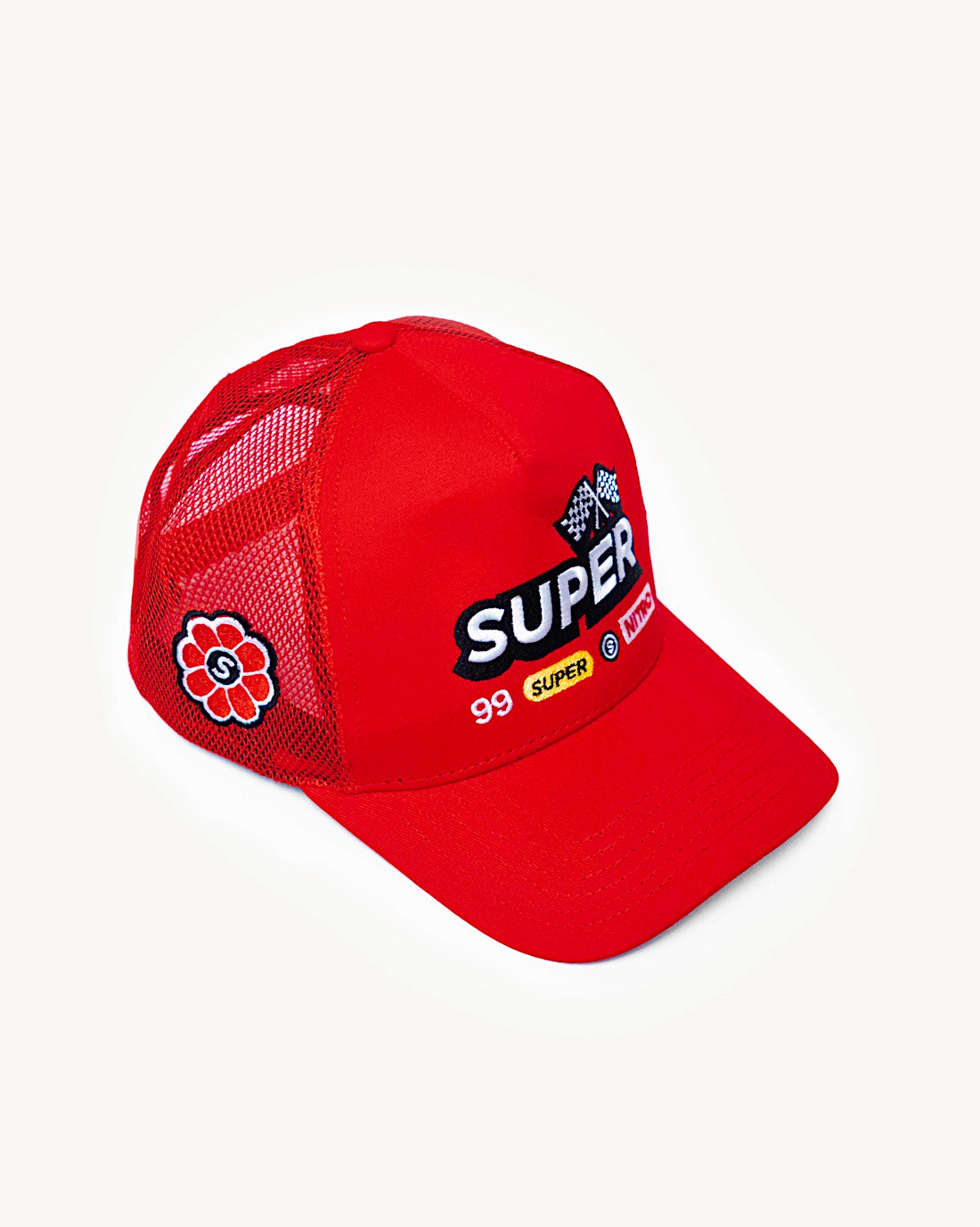 Side view of a colorful red snapback hat showcasing side patch design of flower, with designer racing-inspired patches on the front and a cooling mesh rear design. - Alternate view