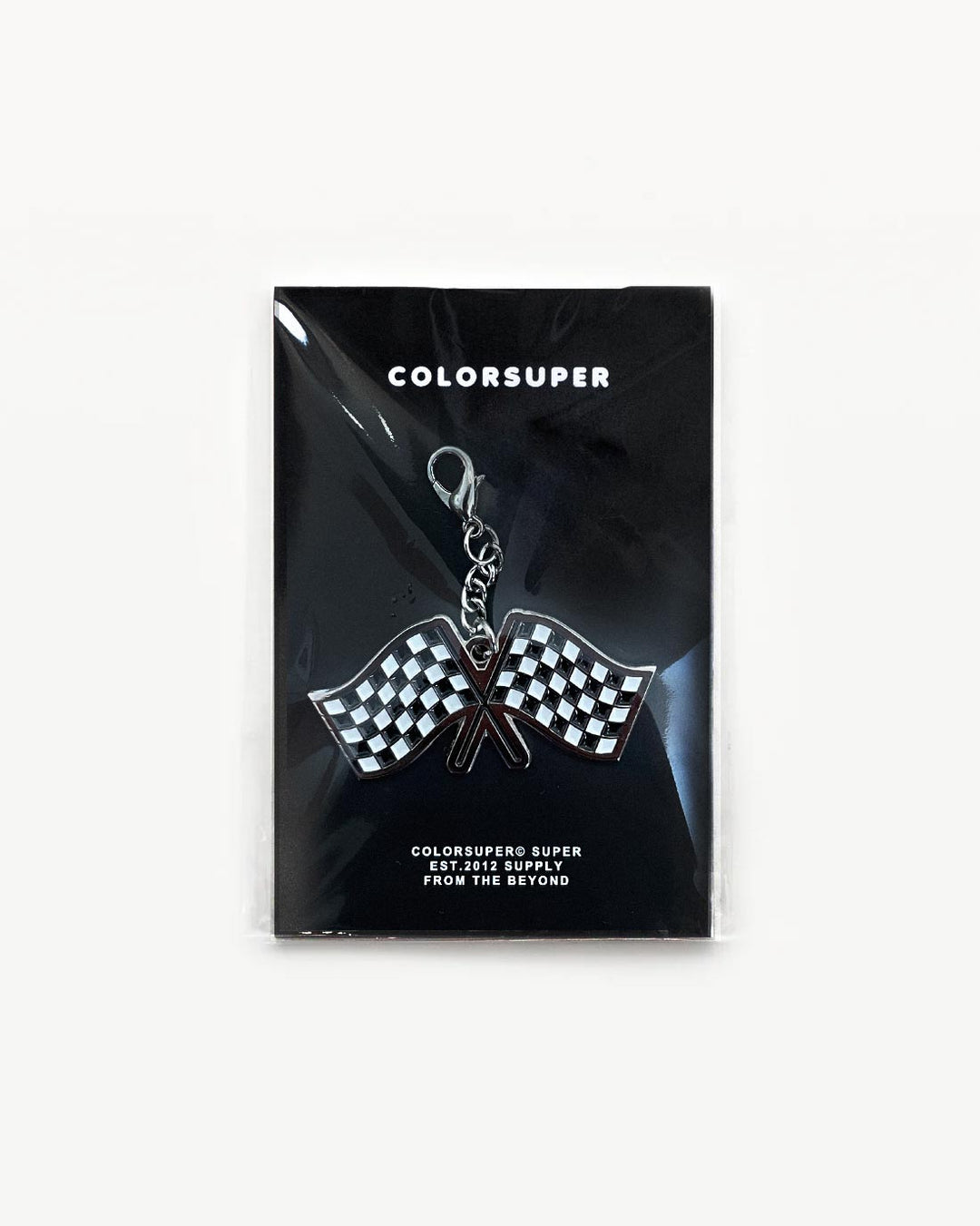 Chrome chequered flag bikini charm with lobster clasp. - Alternate view