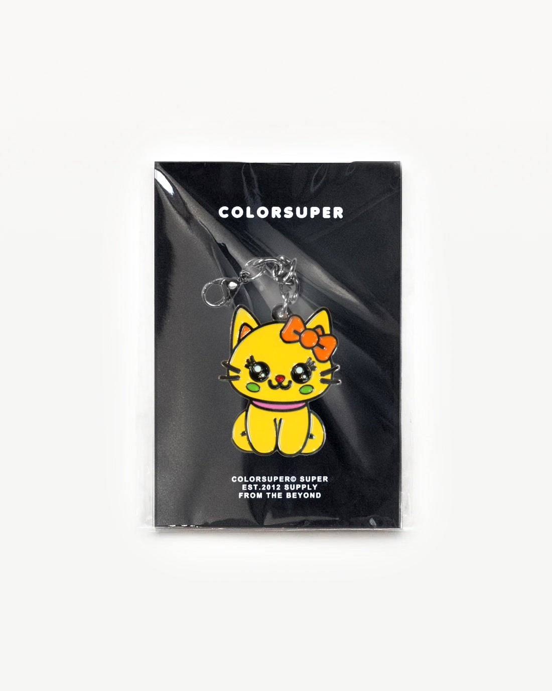 Yellow cute cat charm with a peach bow, perfect for clipping to bags, adds kawaii style. - Alternate view