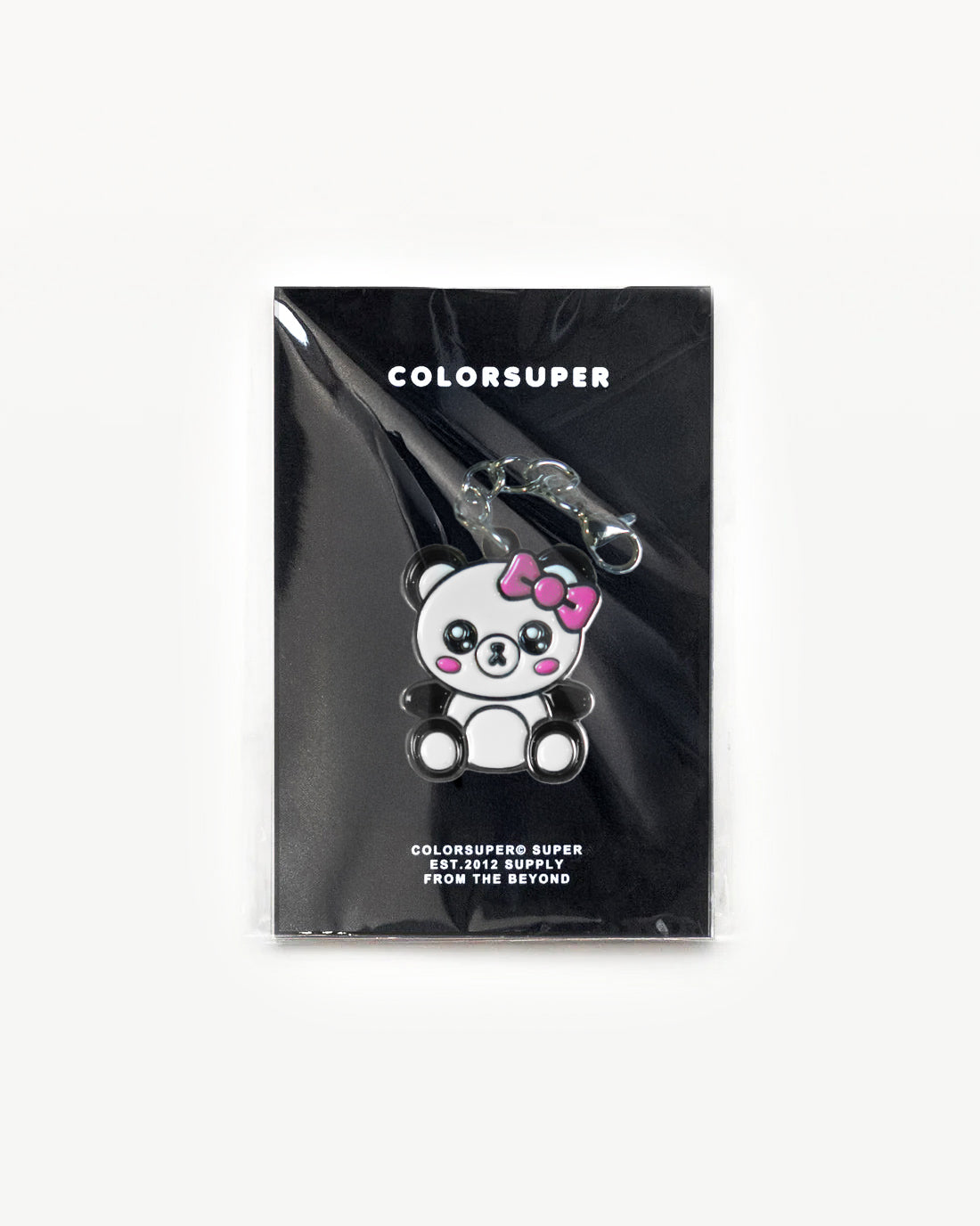 Cute Panda charm with a pink bow on a card, perfect for accessories and cute gifts. - Alternate view