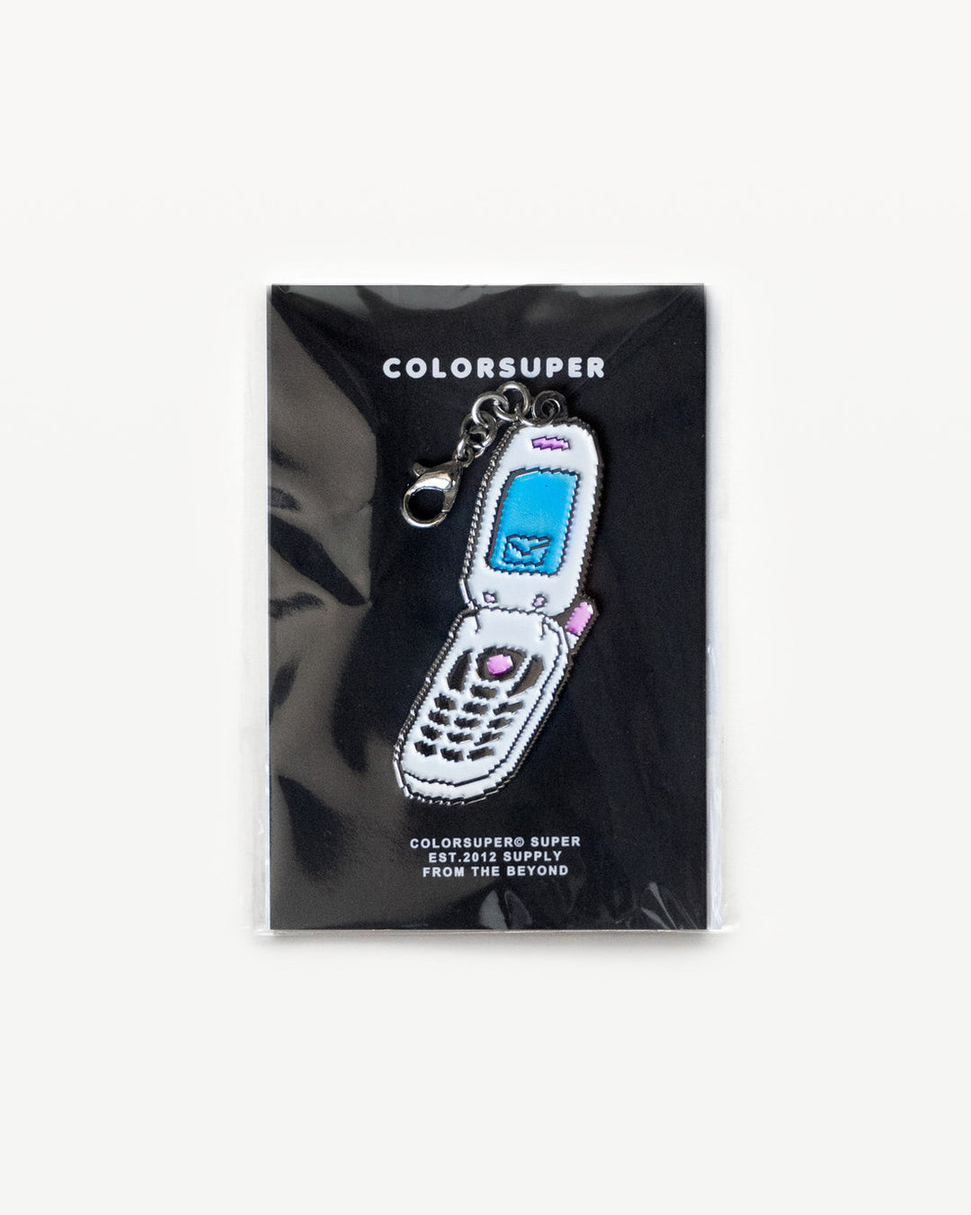 Chrome flip phone bikini charm with lobster clasp.