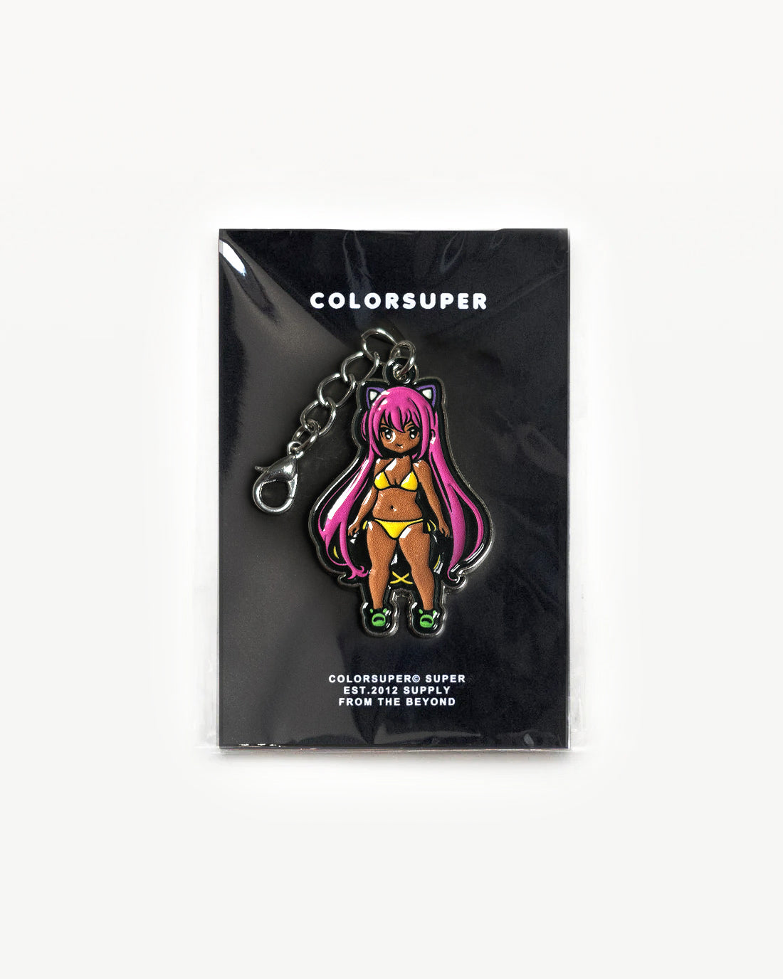 Chrome kawaii girl with pink hair bikini charm with lobster clasp. - Alternate view
