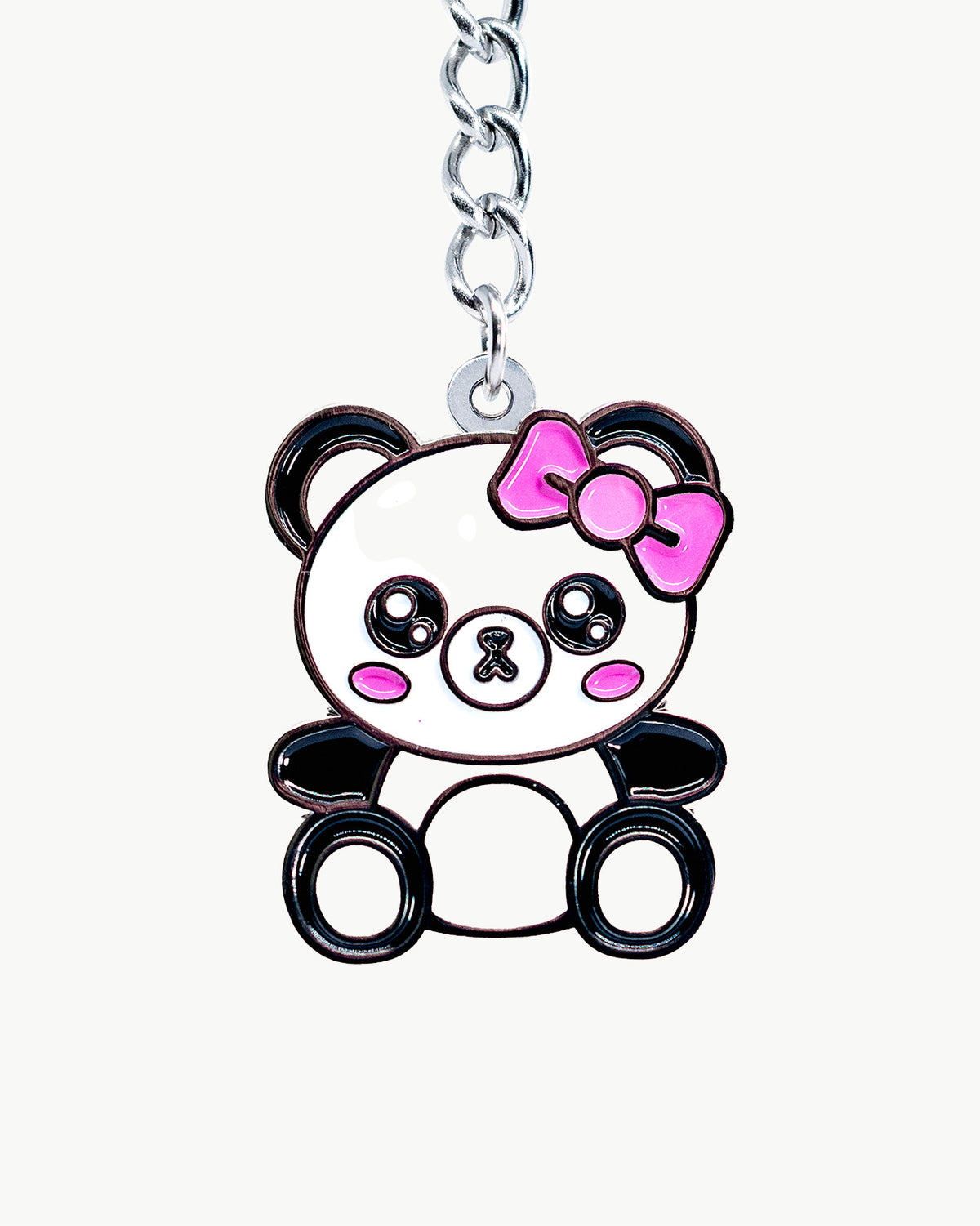 Cute Panda charm with a pink bow, black and white design, perfect for adding charm to your accessories.