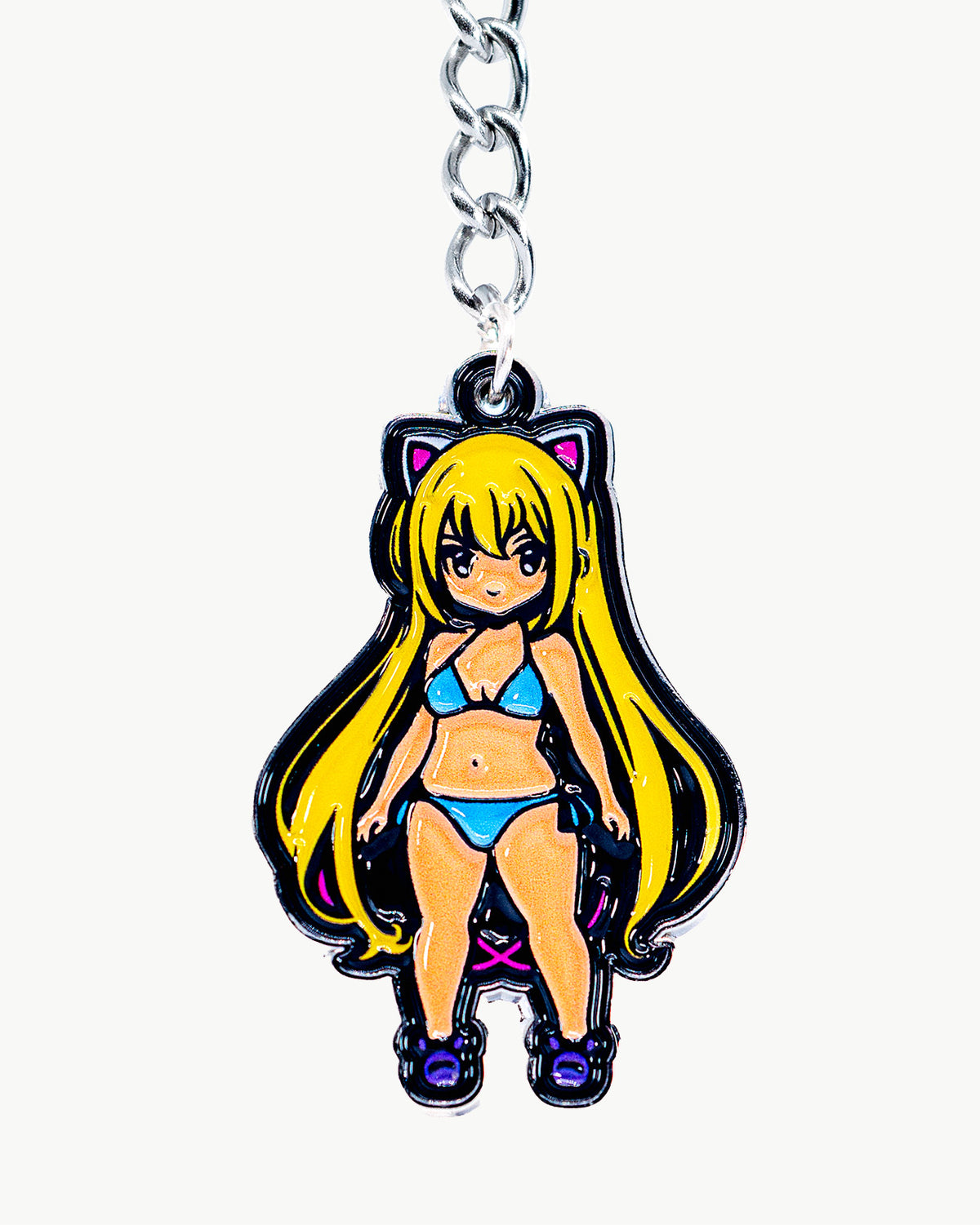 Kawaii blonde anime girl charm in bikini, featuring delicate features and a playful design, perfect for accessories.