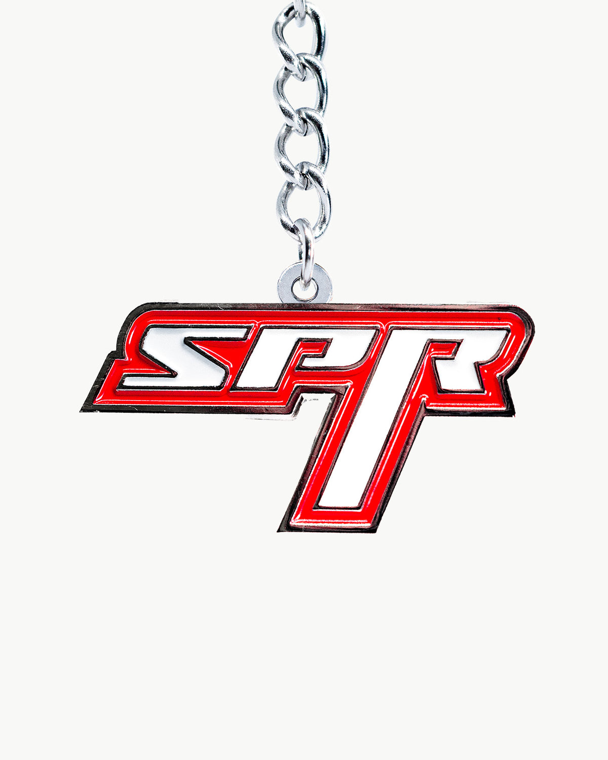 SPR Red charm featuring bold logo on a silver chain, designed for impactful style and statement-making looks.