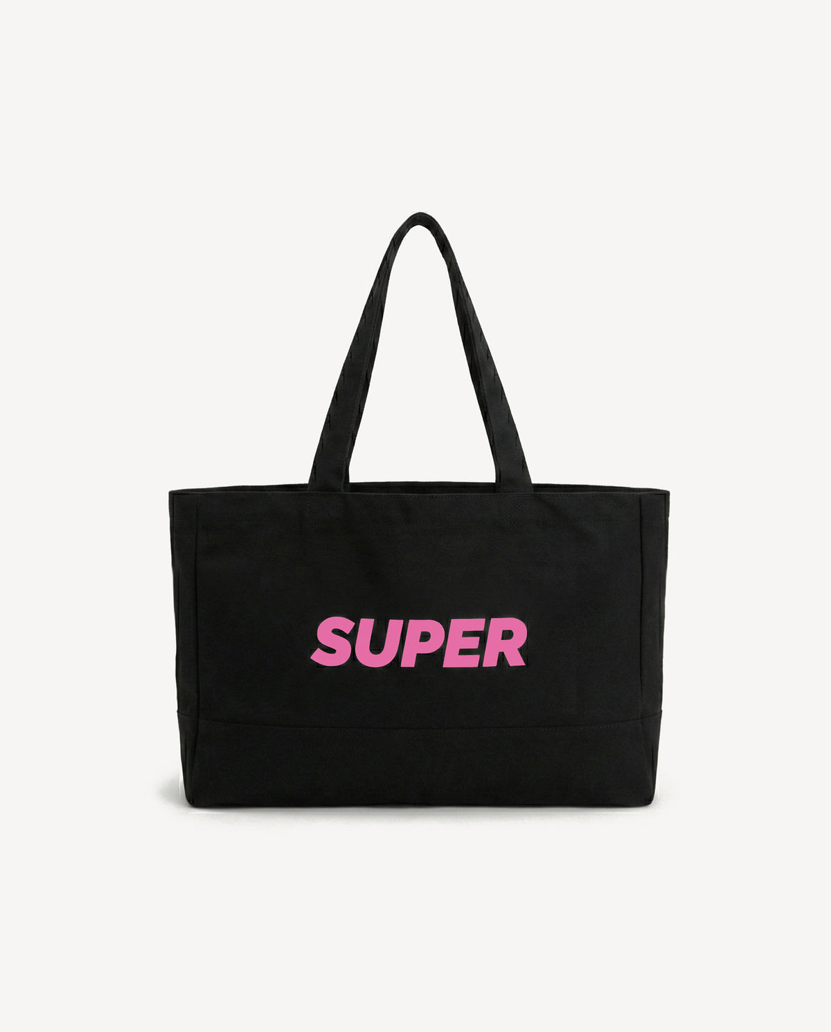 Classic Tote Bag - Black/Pink stylish black canvas tote with pink screen-printed logo.