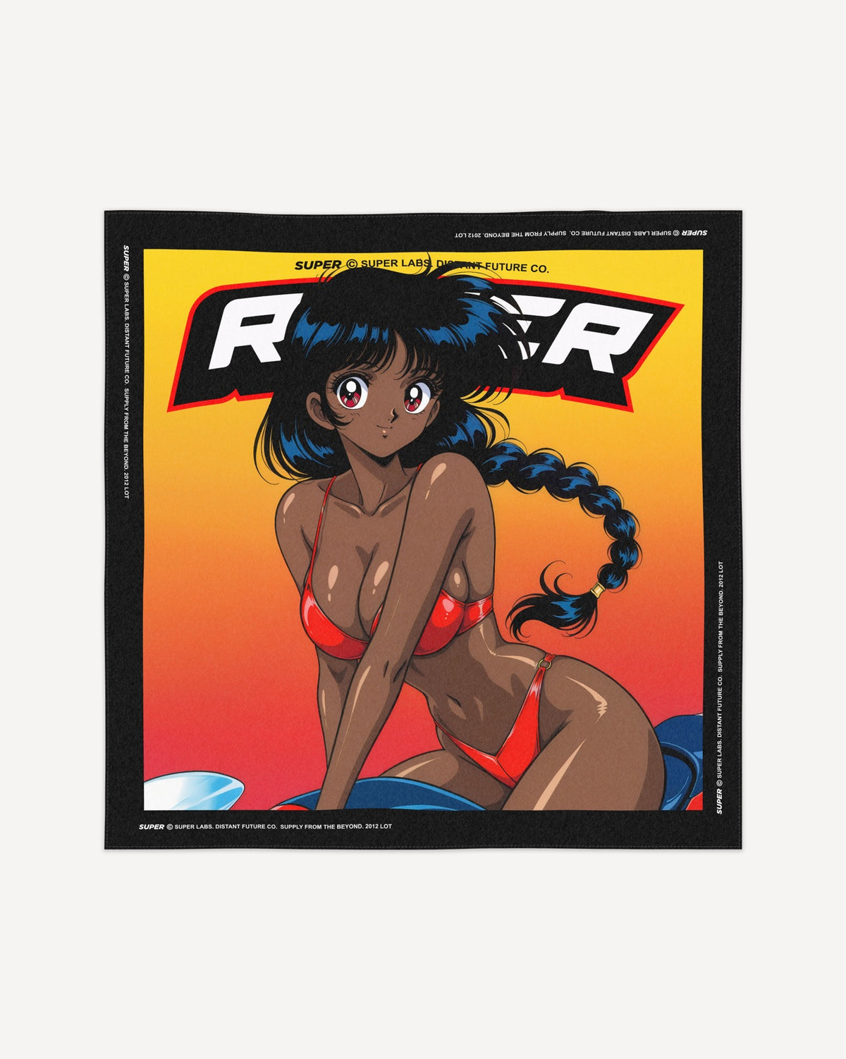 Bimo Baby - (Scarf/Bandana) featuring a retro 90s anime racer girl print on a bold sunset background.