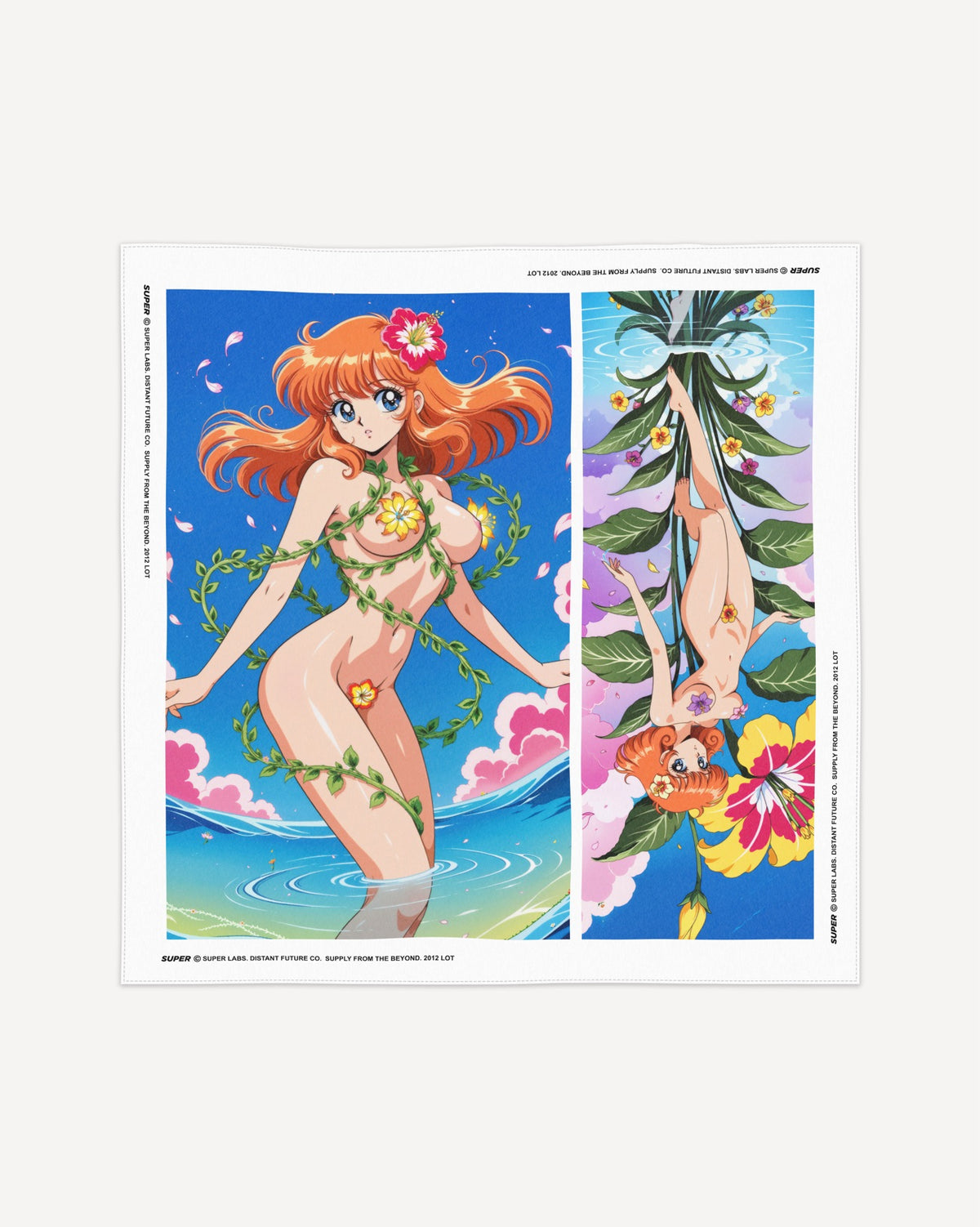 Fantasy - (Scarf/Bandana) artistic illustration of a magical girl amidst flowers on a 60x60cm scarf.