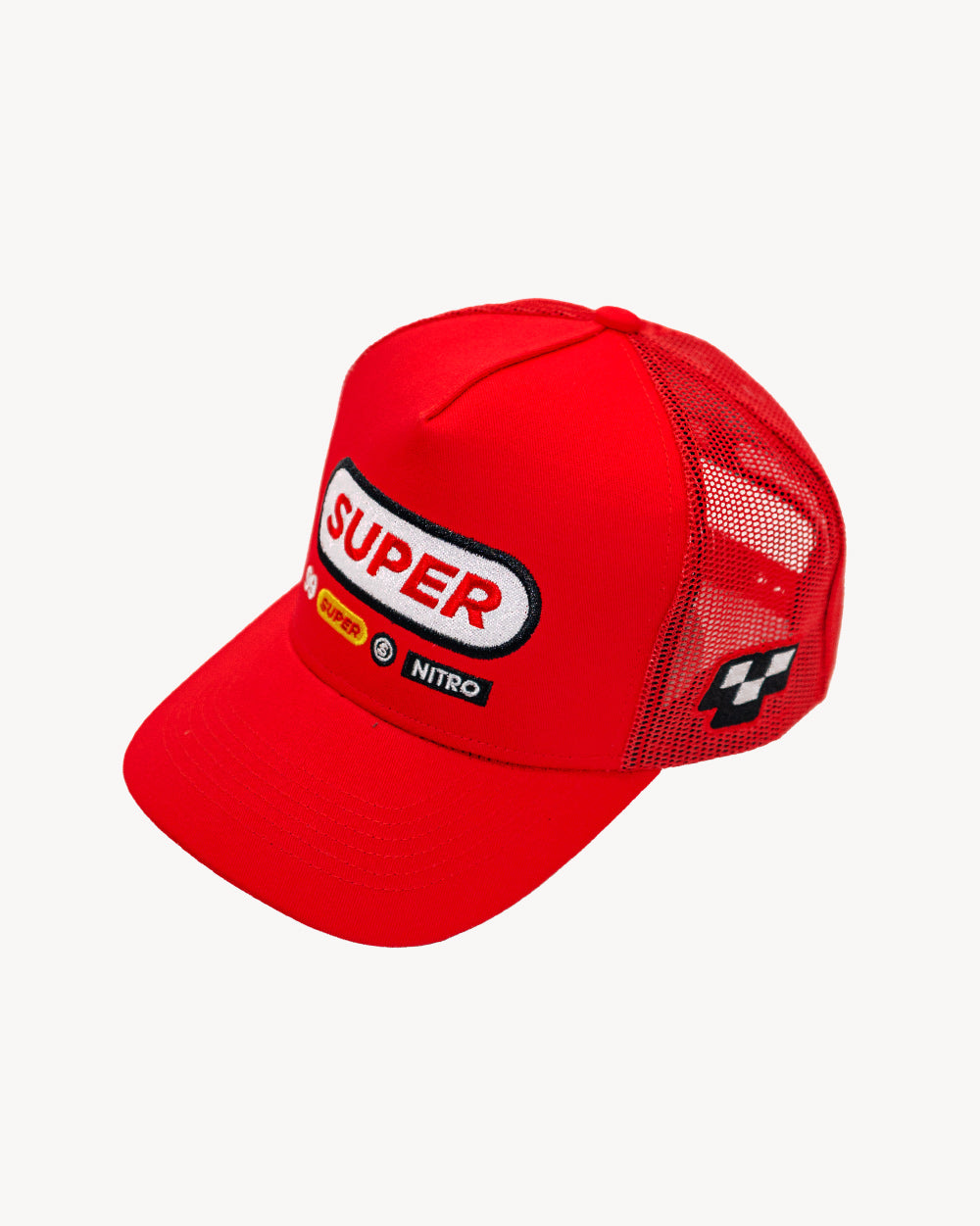 Cell Snapback Red cap with mesh back and unique embroidered designs, perfect for swim fits and casual wear.