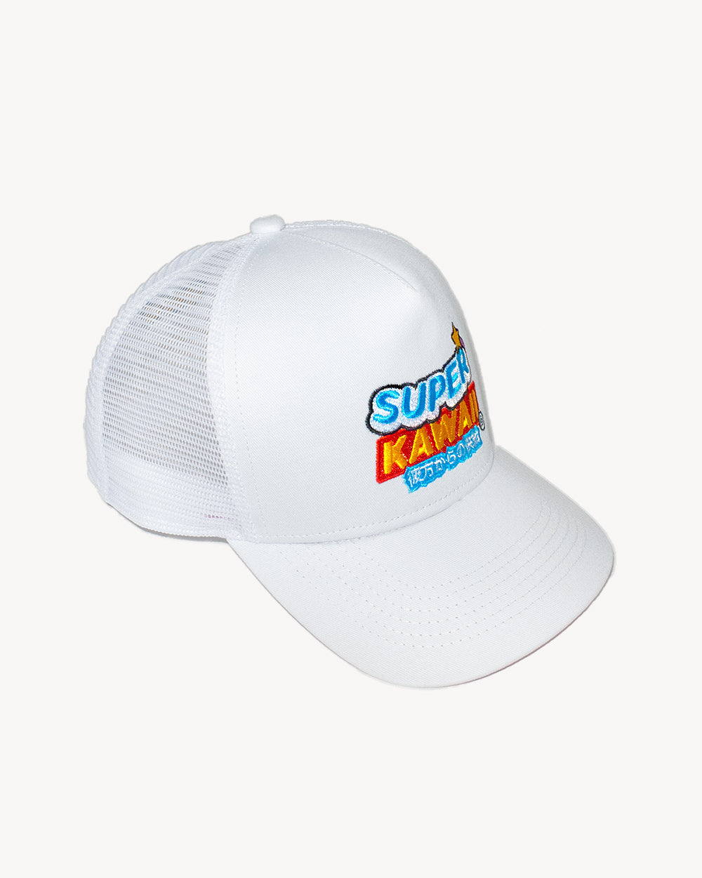 Super Kawaii Snapback White hat with unique embroidered designs and a comfy mesh back for swim fits. - Alternate view