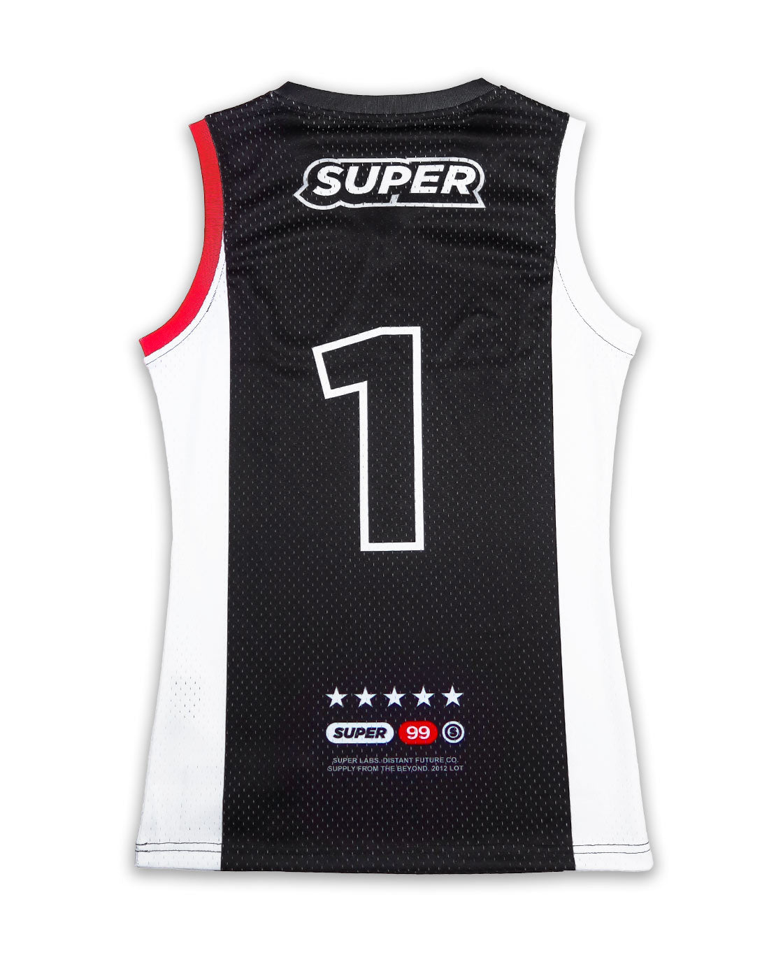 Rear view of a women's basketball jersey in classic black and white, featuring lightweight mesh fabric, sleeveless design, and number 1 printed on the torso. - Alternate view