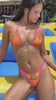 Juicy Heat Orange - (Thong Set) model wearing vibrant orange thong bikini with flame design and neon pink accents.