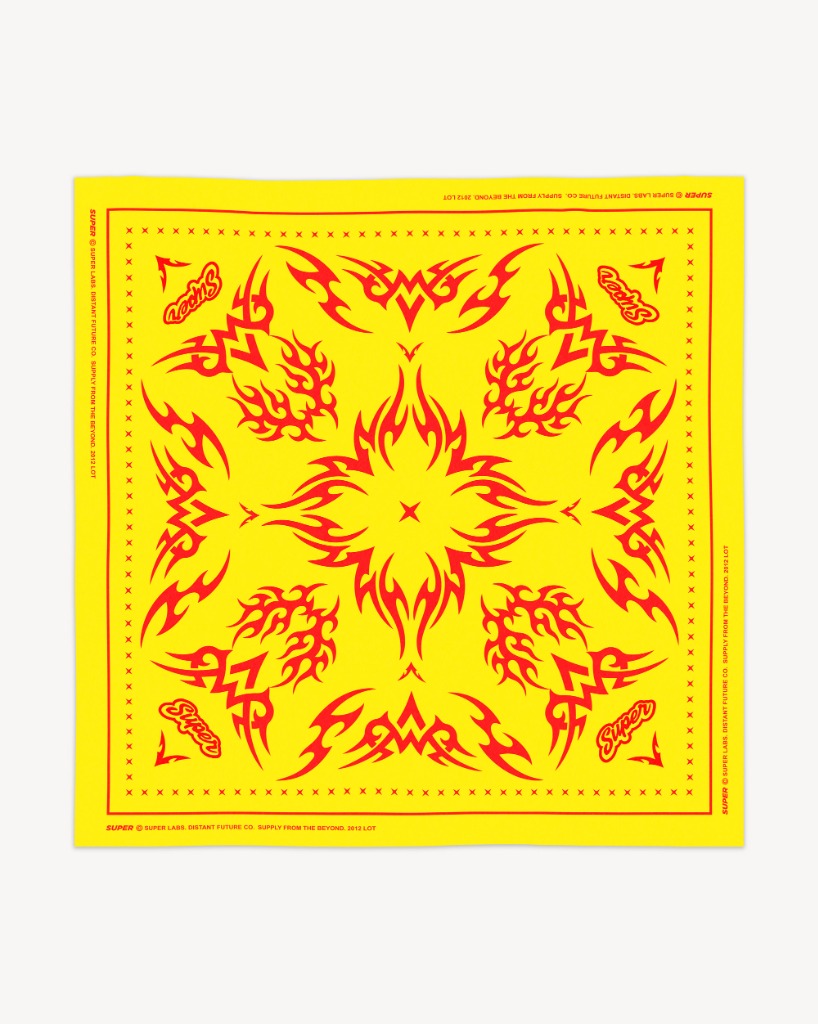 Yellow bandana with red tribal flame patterns and Super text in each corner, laid flat.
